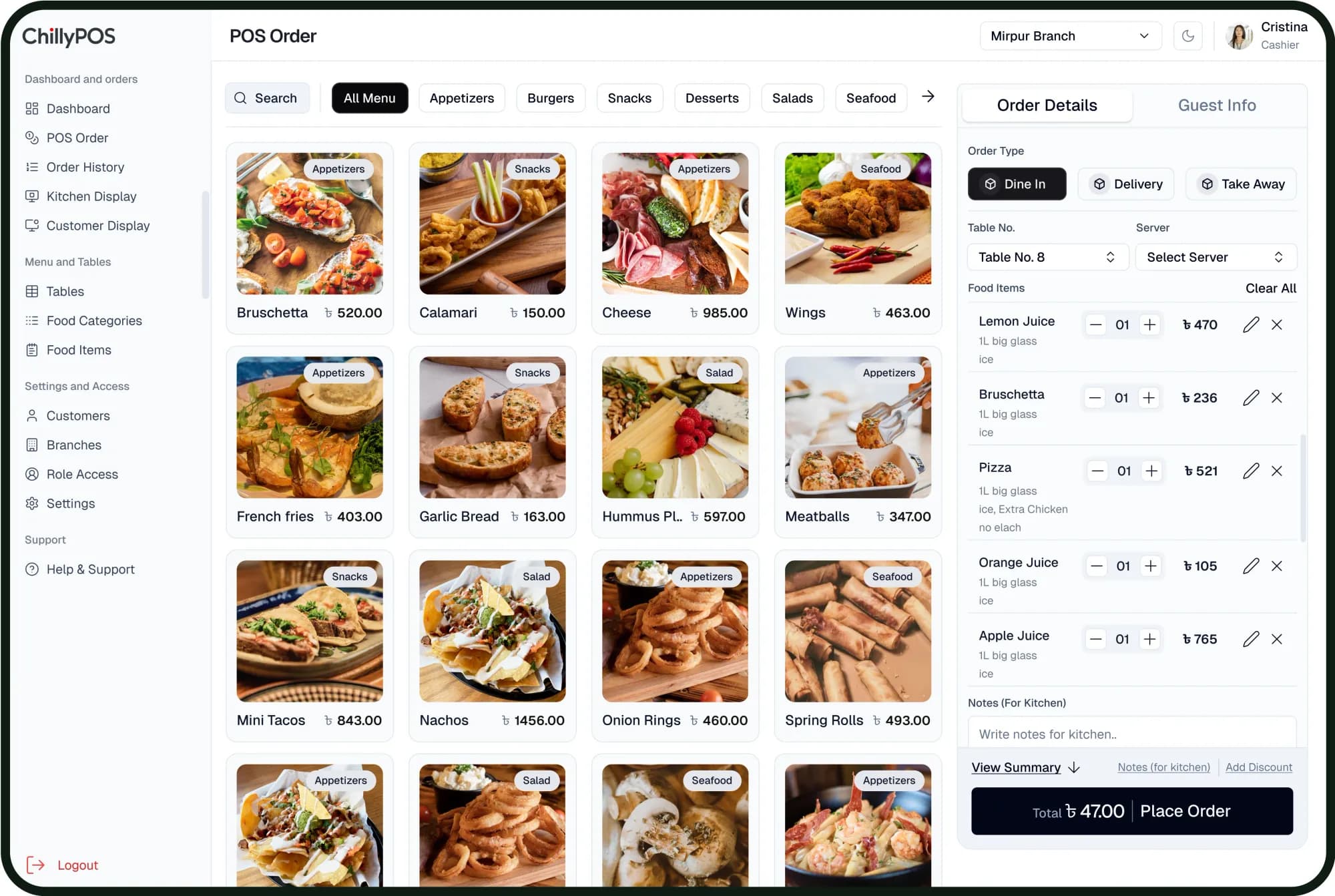 ChillyPOS POS order screen