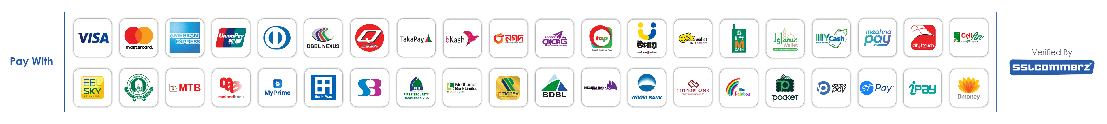 Pay with Visa, Mastercard, American Express, bKash, Nagad, Rocket and more — verified by SSLCommerz